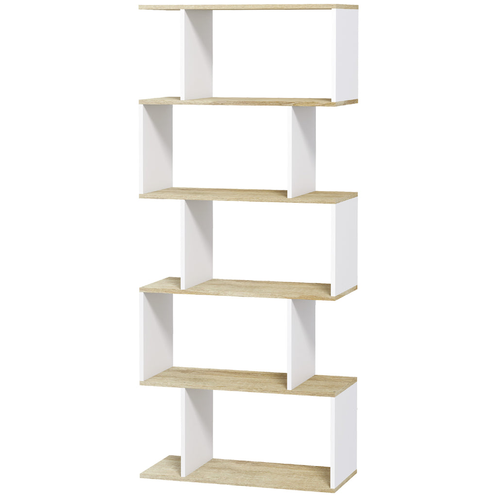 5-Tier Bookshelf, Geometric S Shaped Bookcase, Tall Narrow Display Shelf for for Living Room, Study Room, White