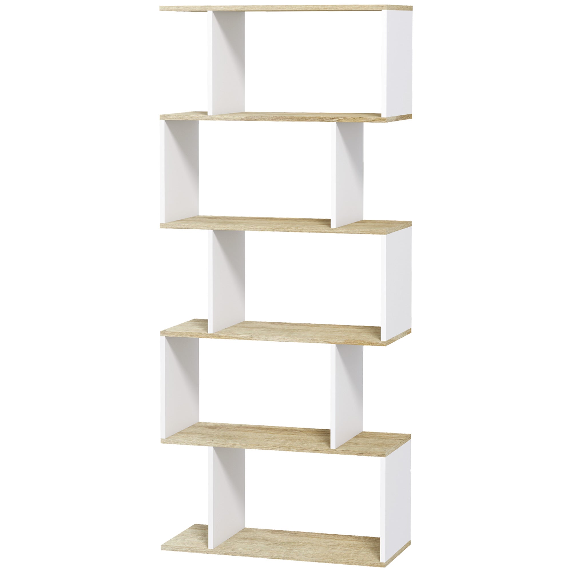 5-Tier Bookshelf, Geometric S Shaped Bookcase, Tall Narrow Display Shelf for for Living Room, Study Room, White