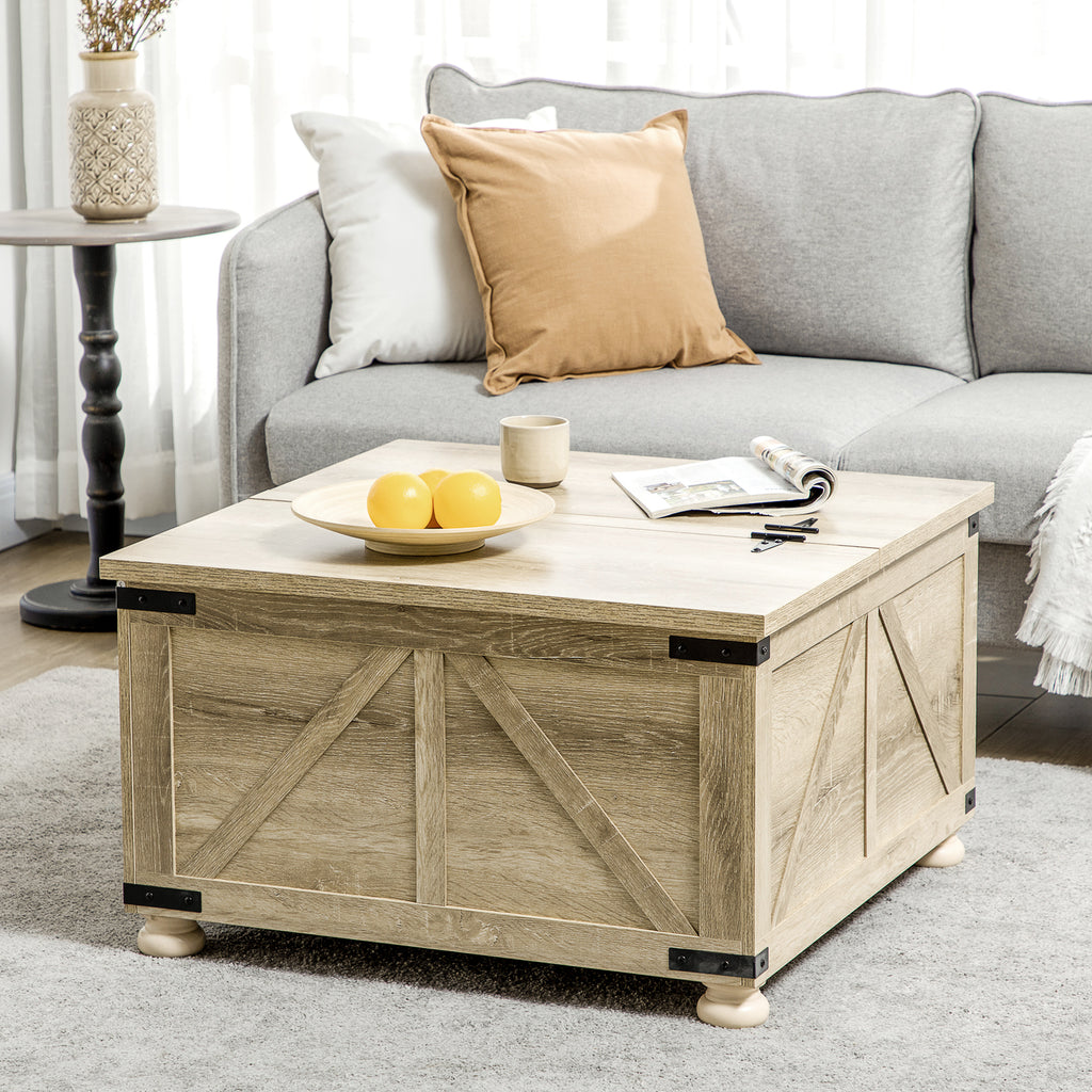 Farmhouse Coffee Table, Square Center Table with Flip-top Lids, Hidden Storage Compartment and Wooden Legs, Oak