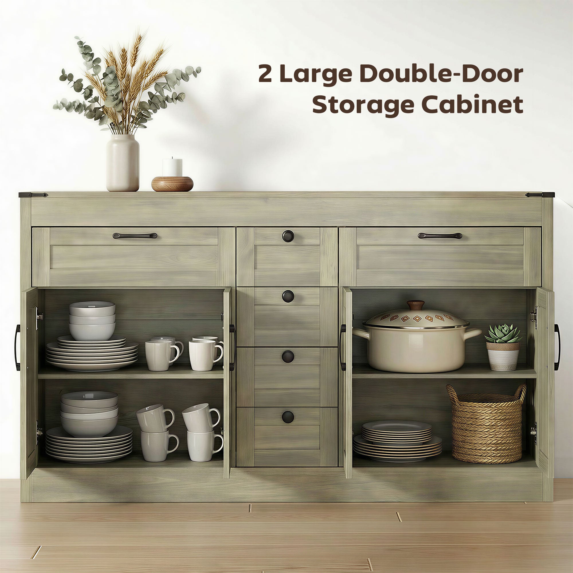 Sideboard Buffet Cabinet, 55" Farmhouse Kitchen Cabinet with 4 Barn Doors, 6 Drawers and 2 Adjustable Shelves, White