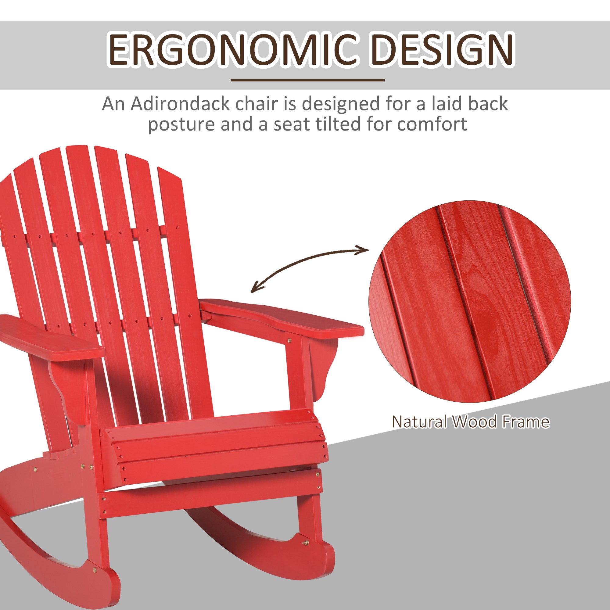 كرسي موسكوكا Adirondack الهزاز الخشبي بتصميم خشبي شرائحي، ظهر مروحي، ونمط ريفي كلاسيكي، أحمر