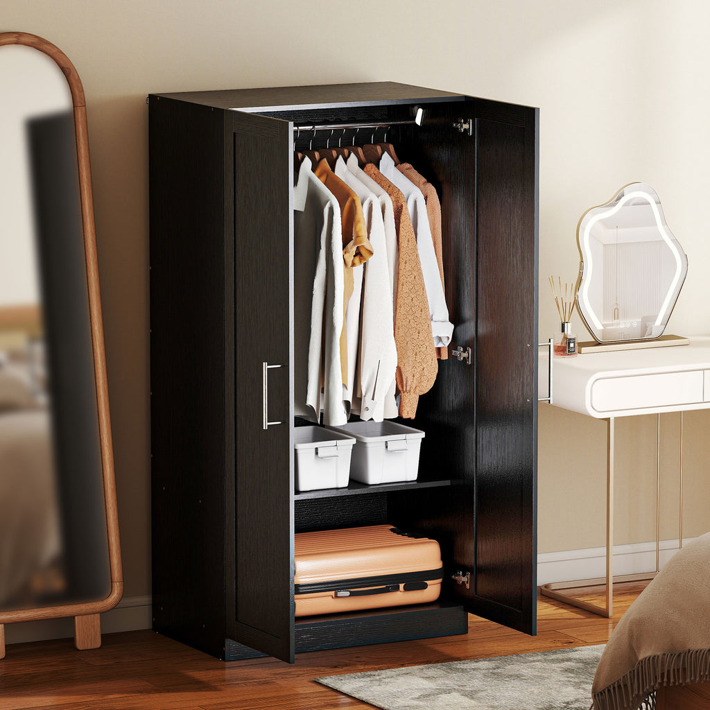 Wardrobe Cabinet with 2 Doors and Hanging Rod, Modern Armoire Wardrobe Closet for Bedroom, White Wood Effect