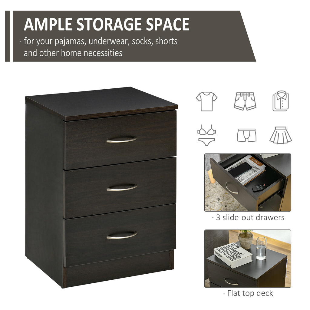 Bedside Table, Modern Night Stand with 3 Drawers and Metal Rail for Bedroom, Dark Brown