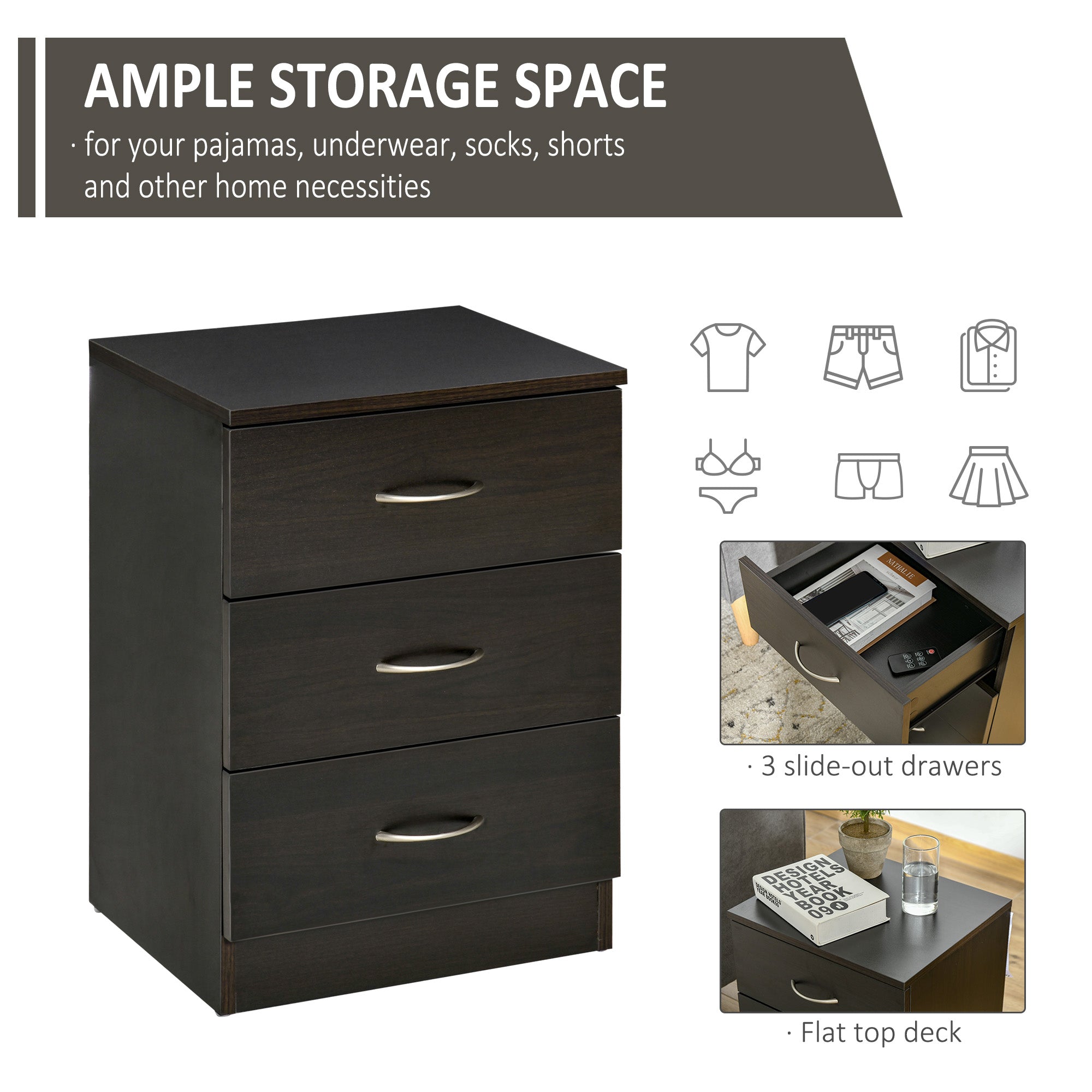 Bedside Table, Modern Night Stand with 3 Drawers and Metal Rail for Bedroom, Dark Brown
