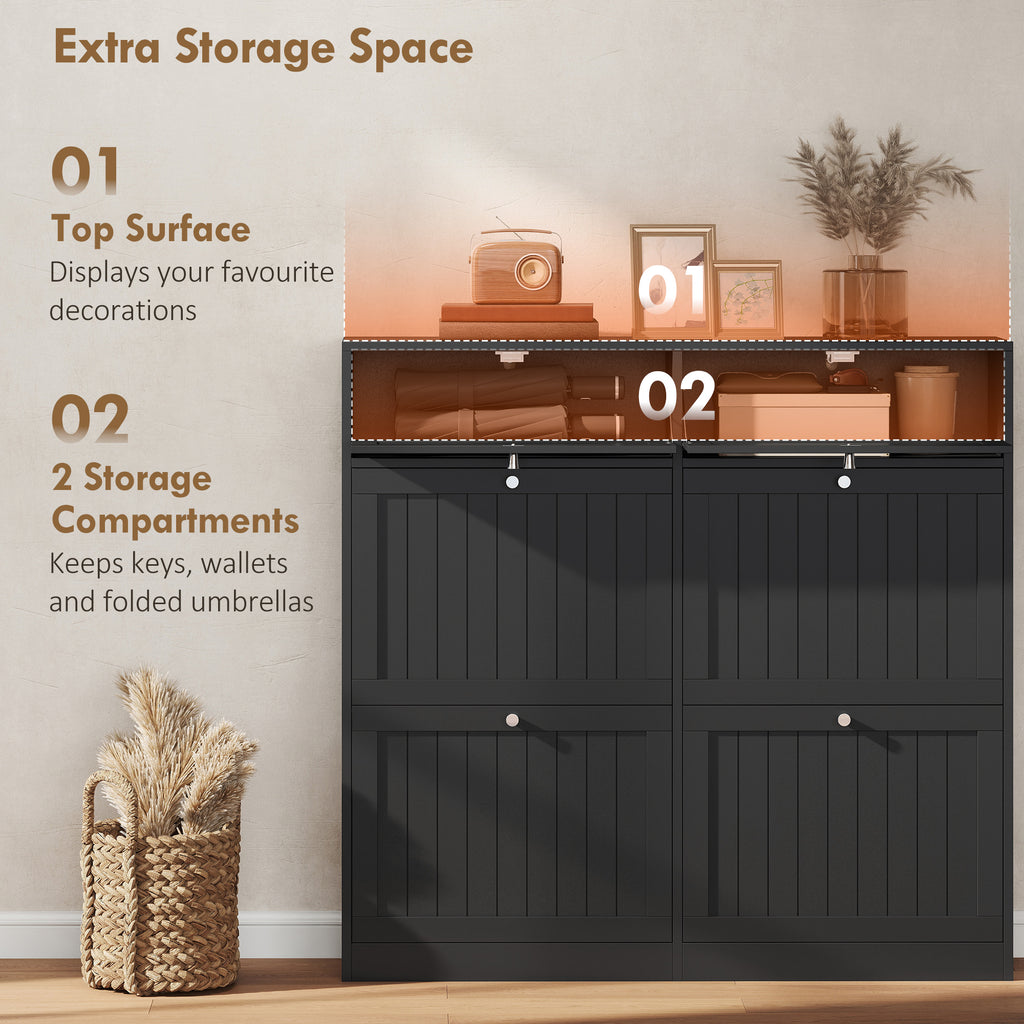 Shoe Cabinet with 2 Large Flip Drawers, Farmhouse Narrow Shoe Storage Cabinet with 2 Top Compartments, White