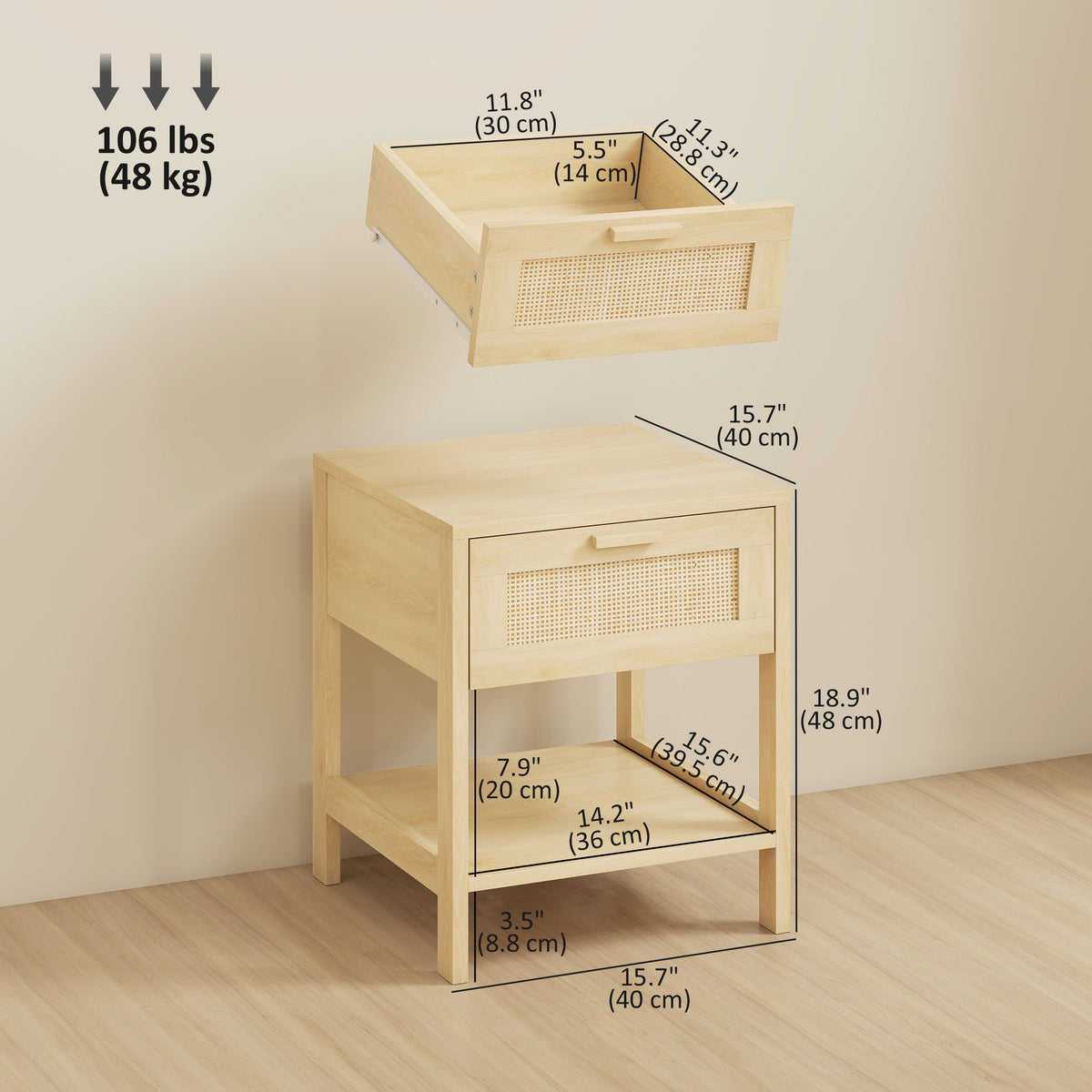 Narrow Nightstand with Rattan Elements, Bedside Table with Drawer and Storage Shelf for Bedroom, Set of 2, Natural Wood