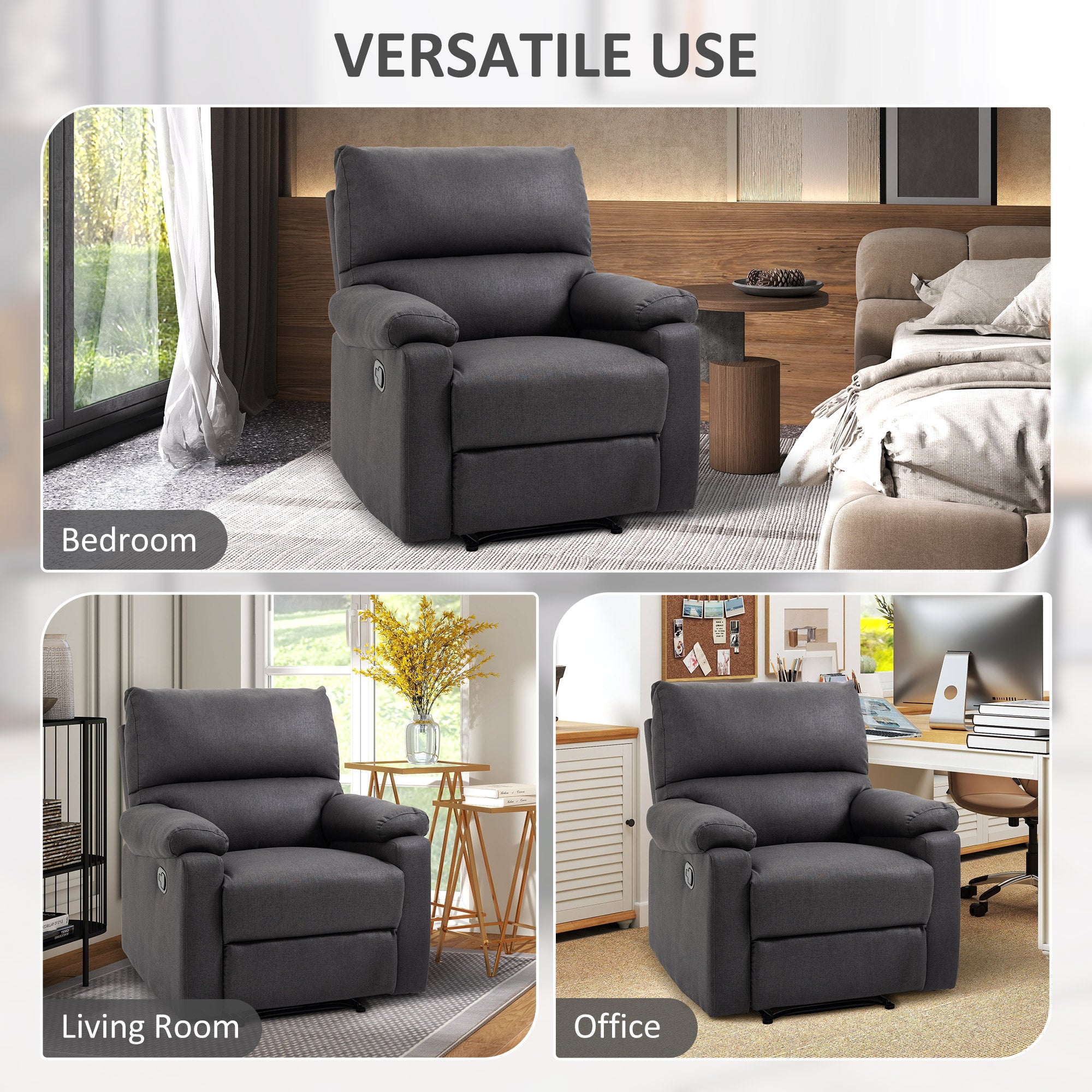 Recliner Chair, Manual Reclining Chair with Footrest, Padded Seat for Living Room, Bedroom, Study, Dark Grey