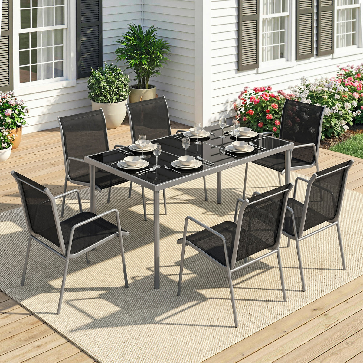 7 Piece Garden Dining Set, Garden Furniture Set with Rectangle Table and 6 Stackable Chairs
