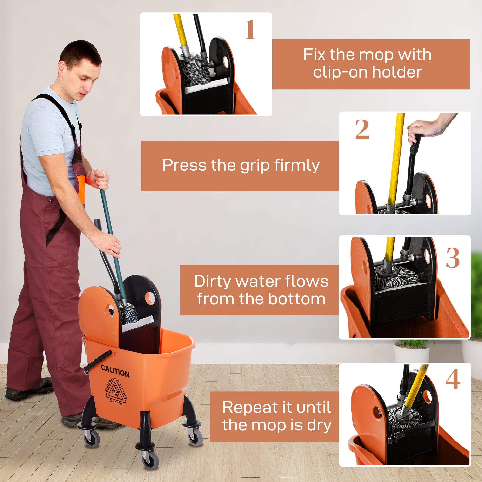 6.9 Gal/26L Mop Bucket, Mop Bucket with Wringer, Wheels and Handle, Orange