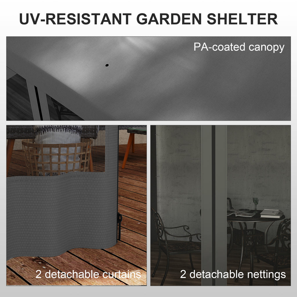 10' x 10' Wall Pergola, Outdoor Gazebo with 2 Curtains and 2 Nettings, UV Resistant, for Patio, Deck, Dark Grey