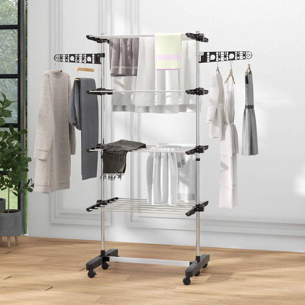 Garment Drying Rack Stainless Steel Folding Clothes Hanging Rack with Side Wings Castors for Indoor Outdoor White