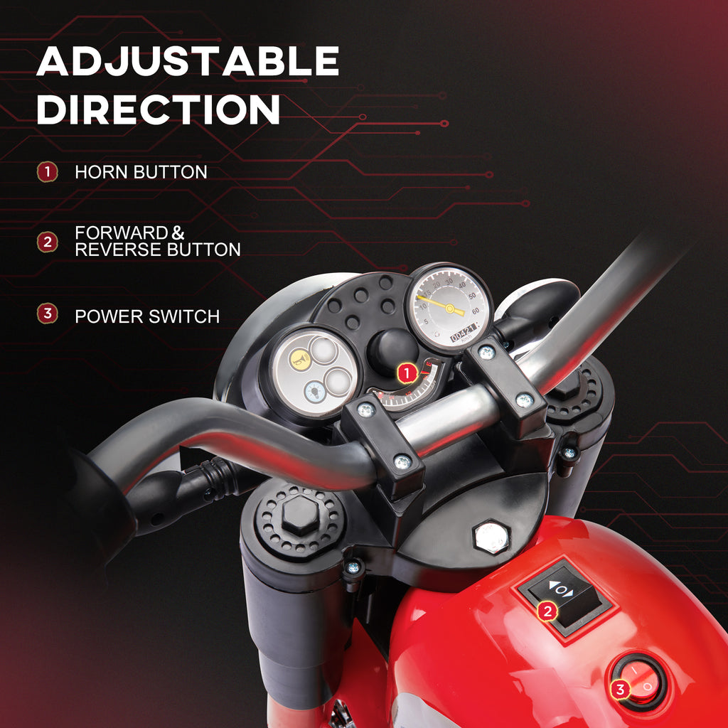 Aosom Kids Electric Motorcycle 6V Battery Powered Ride-On Dirt Bike 3-Wheels Motorbike with Horn Headlights Realistic Sounds 1.24mph Speed for Girls Boy 18 - 36 Months Red