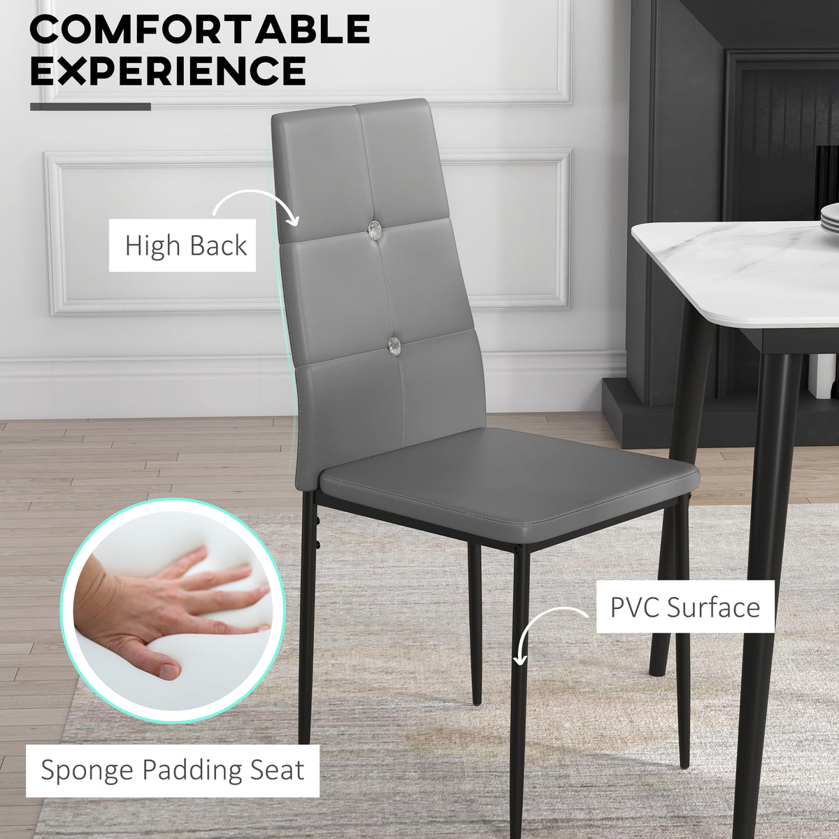 Set of 4 Modern Style Dining Chairs, Button Tufted High Back Side Chairs with Upholstered Seat, Steel Legs for Living Room, Kitchen, Study, Bedroom, Black