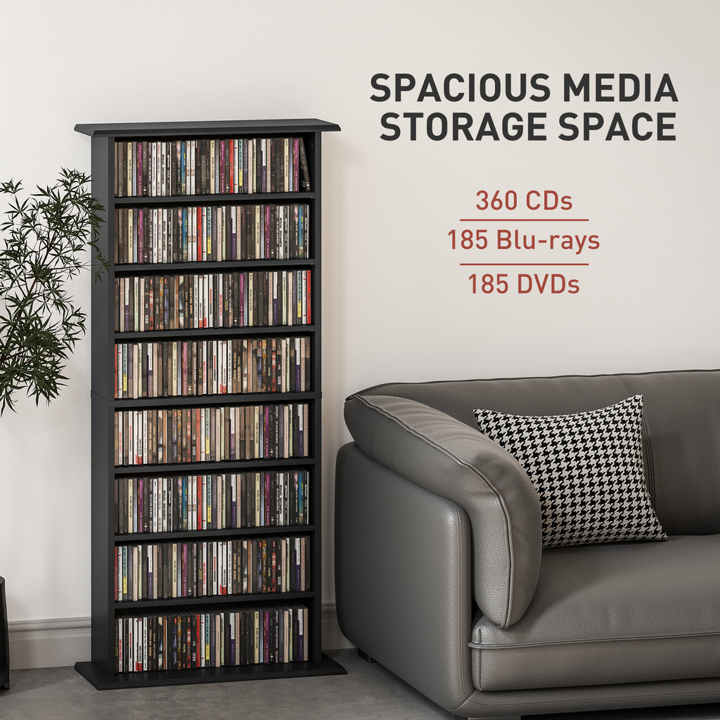 8-Tier DVD Shelf with 6 Adjustable Shelves, Slim CD Shelf, Holds 360 CDs, 185 DVDs or 185 Blu-rays, White