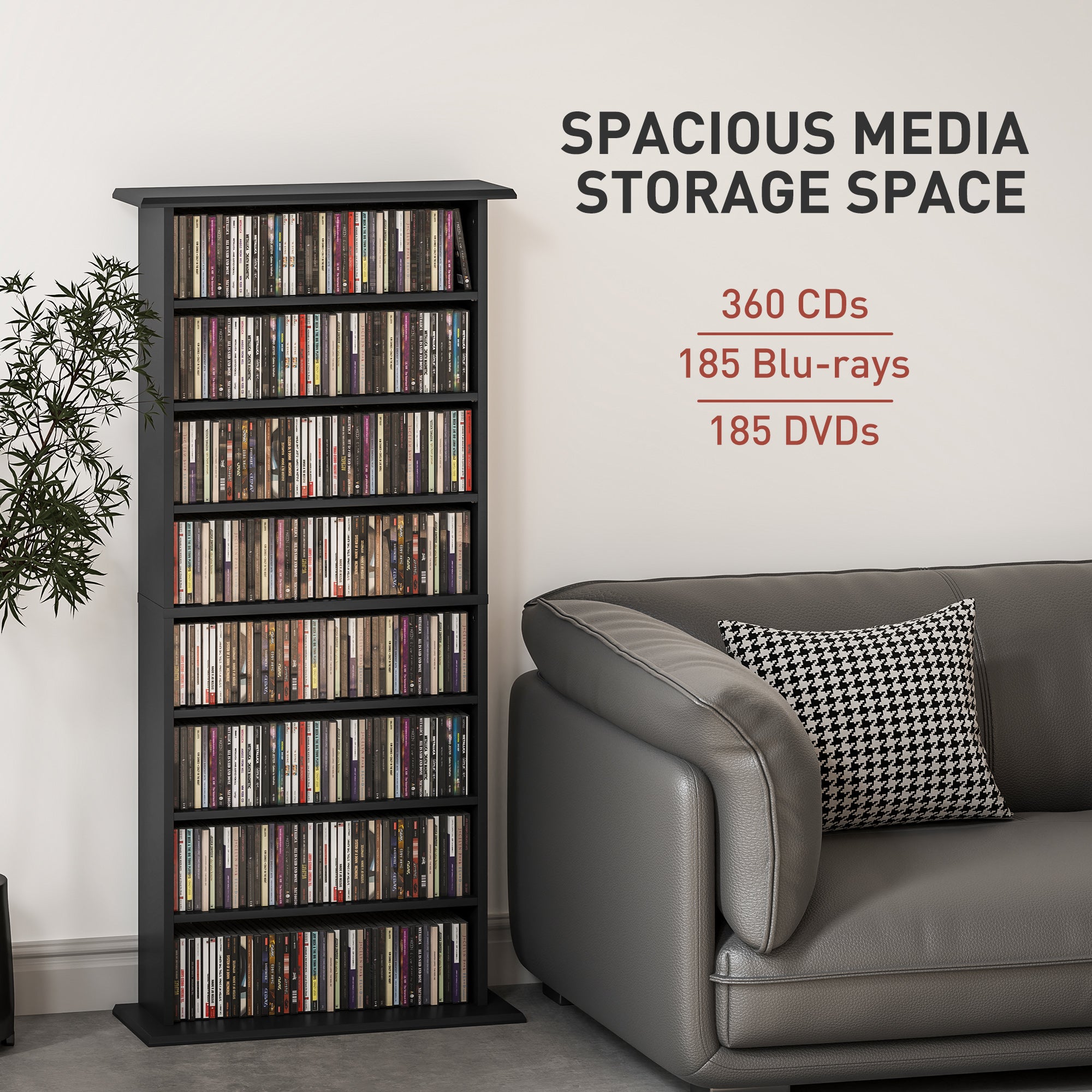 8-Tier DVD Shelf with 6 Adjustable Shelves, Slim CD Shelf, Holds 360 CDs, 185 DVDs or 185 Blu-rays, White