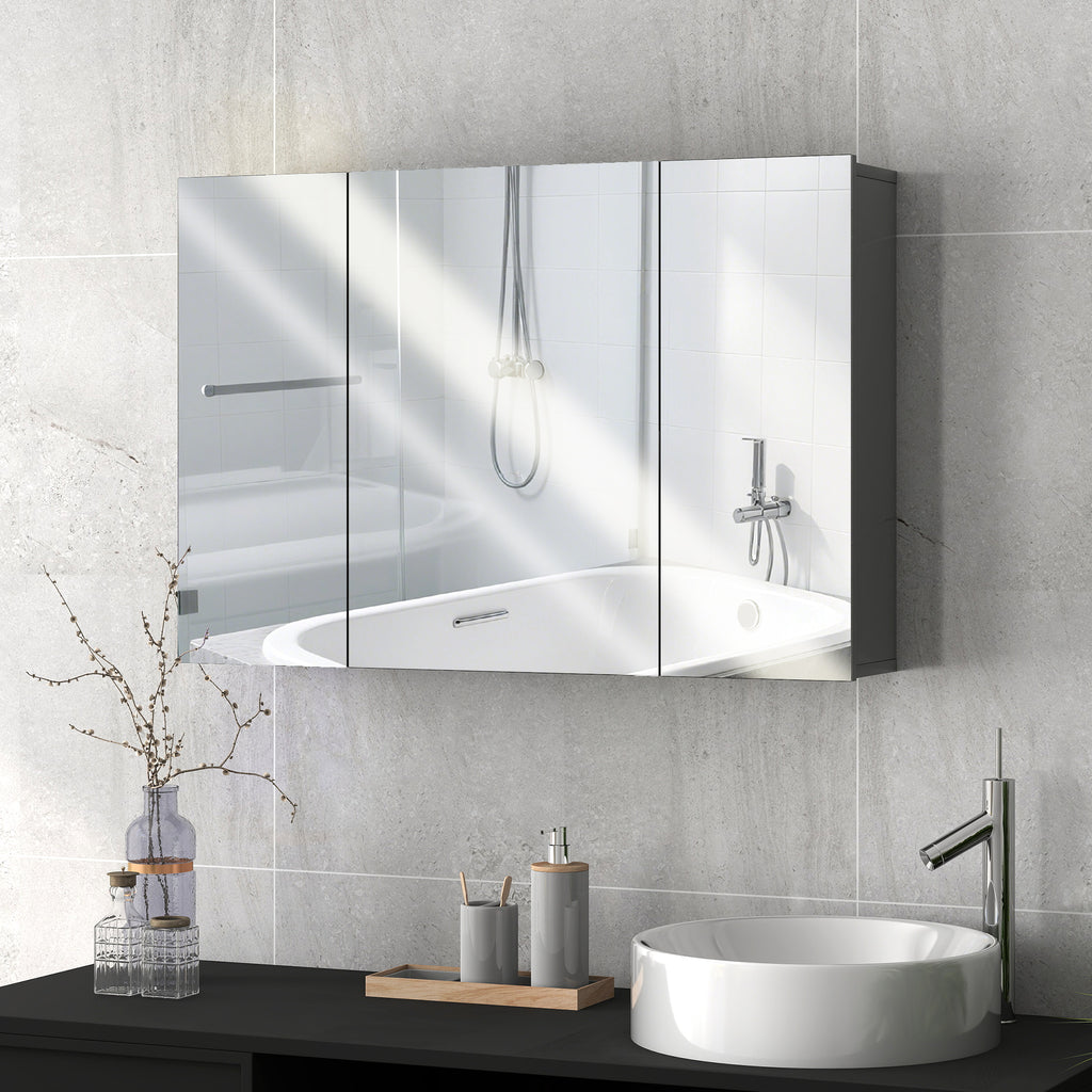 28" x 24" Wall Mounted Mirror Cabinet, Bathroom Medicine Cabinet with Mirror, 3 Doors and Adjustable Shelves, White