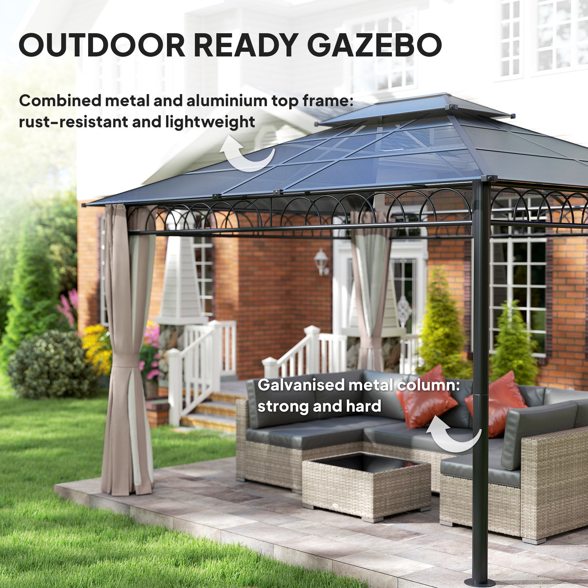 10' x 12' Outdoor Gazebo Canopy, Double Roof Hardtop Gazebo with Polycarbonate Roof, Steel Frame, Nettings and Curtains, for Garden, Lawn, Backyard and Deck, Khaki