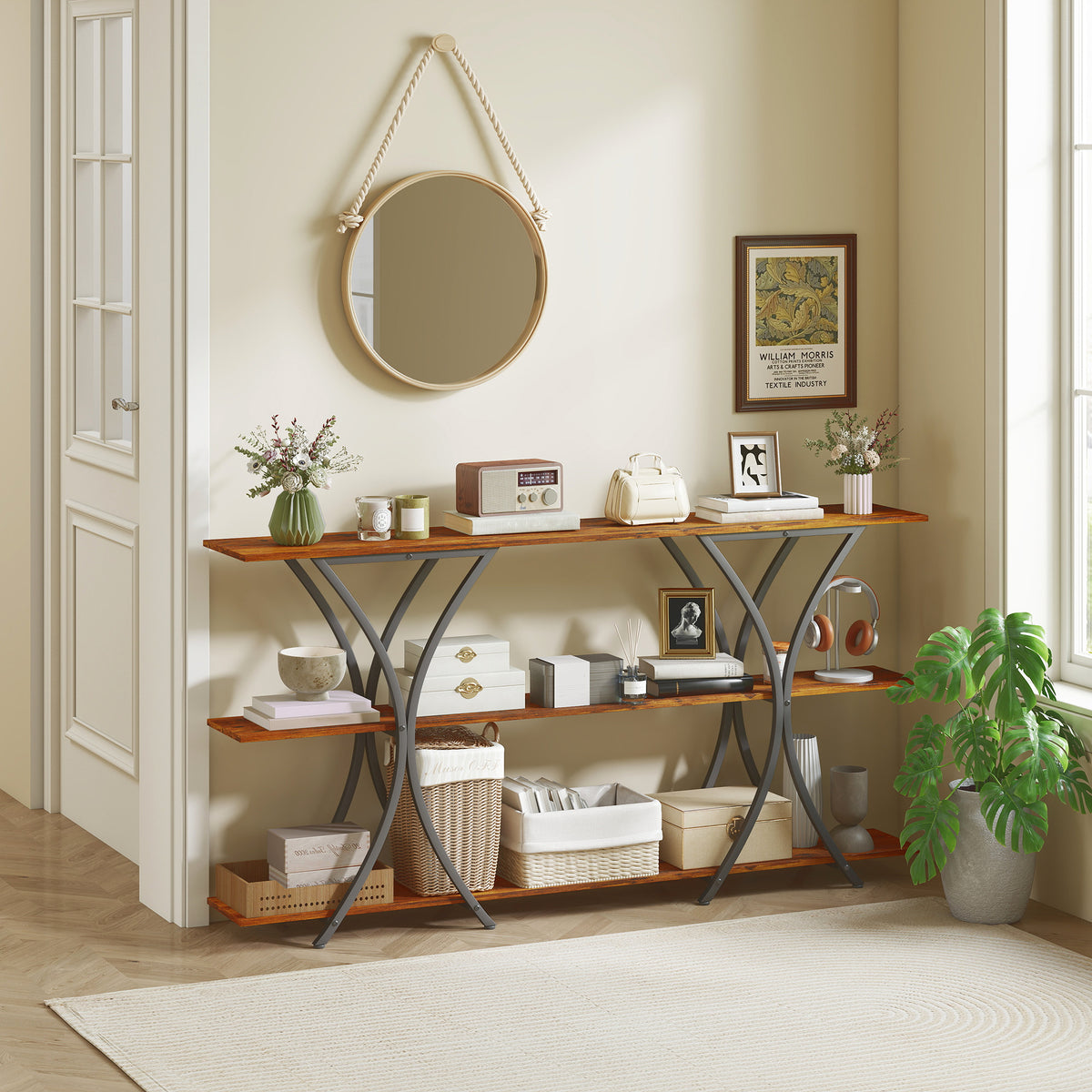 71" Console Table, 3-Tier Industrial Entryway Table with 2 Storage Shelves for Living Room, Hallway, Rustic Brown