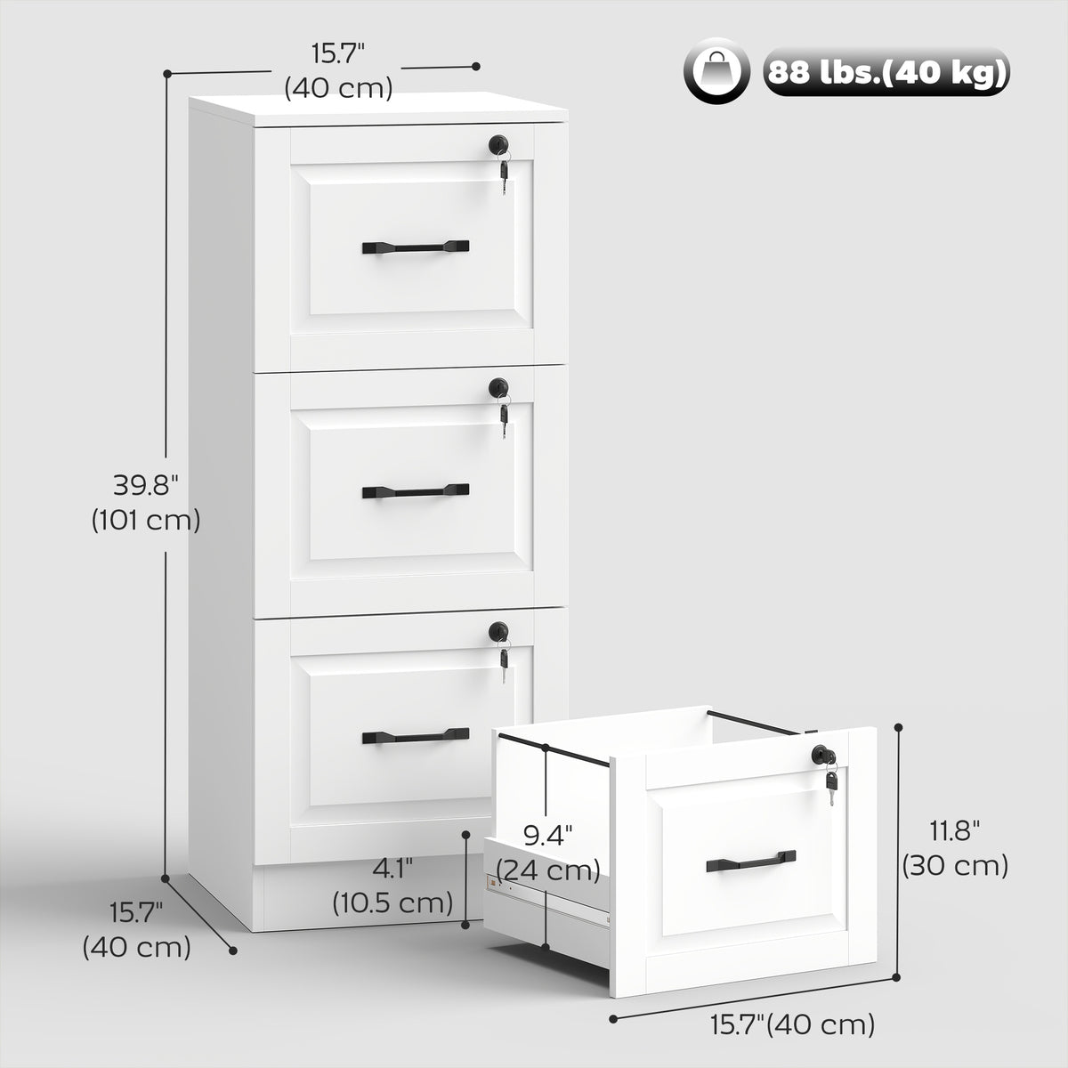 3 Drawer File Cabinet with Lock, Vertical Filing Cabinet with Adjustable Hanging Bars for A4 and Letter Size, Black
