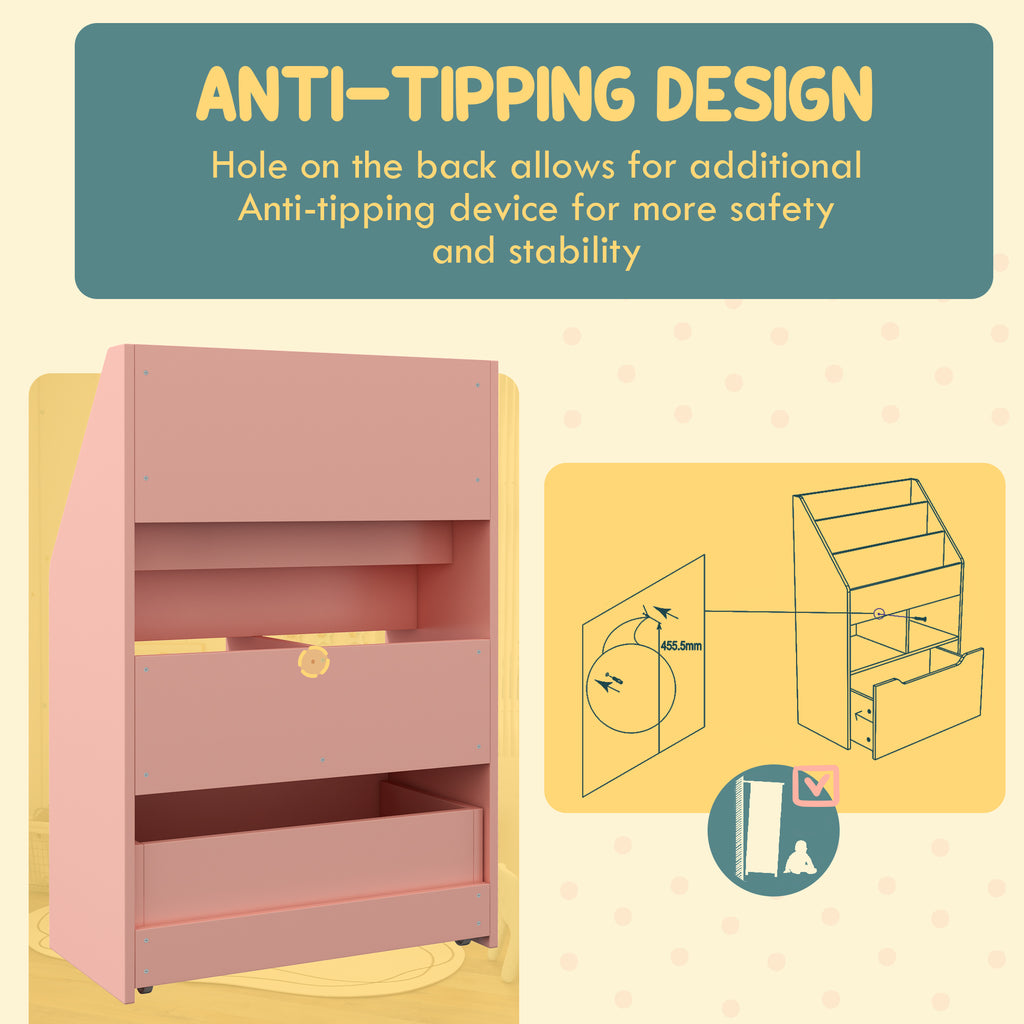 Kids Bookcase with Storage Drawer for Books, Reading Nook, for Classroom, Bedroom, Playroom, Pink