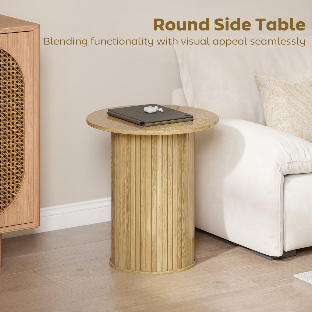 Round Side Table, Fluted Accent End Table, Narrow Nightstand for Small Spaces, Living Room, Oak