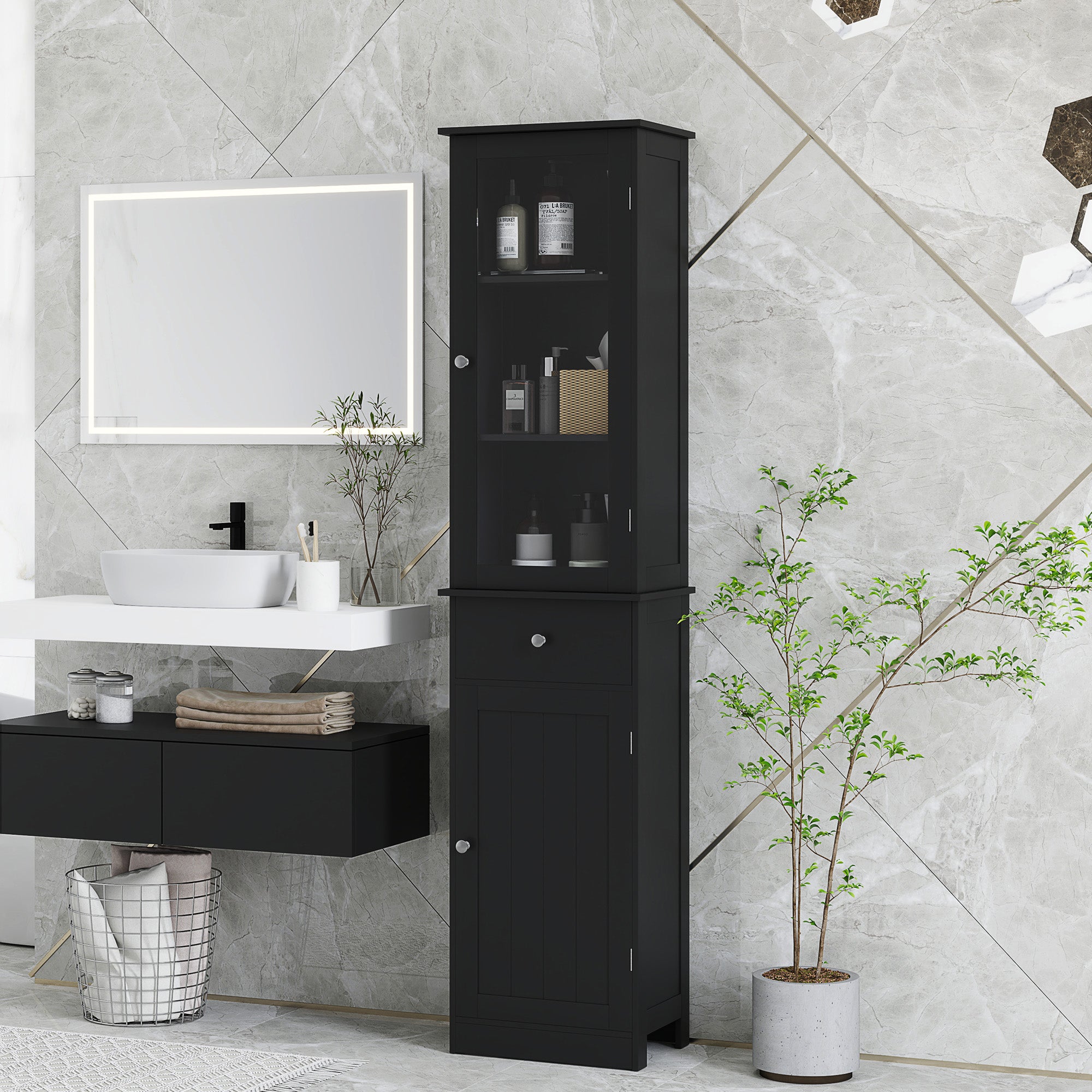 Tall Bathroom Cabinet, Bathroom Storage Cabinet with Drawers, 2 Doors and Adjustable Shelves, White