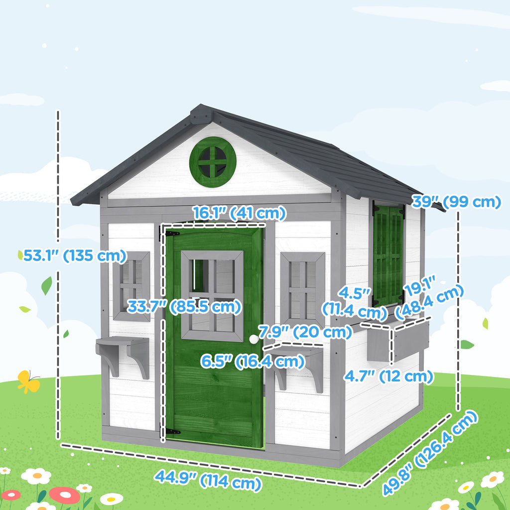 Wooden Playhouse for Kids Outdoor with Door, Windows, Planter Pots and Boxes for Toddlers 3-8 Years, White