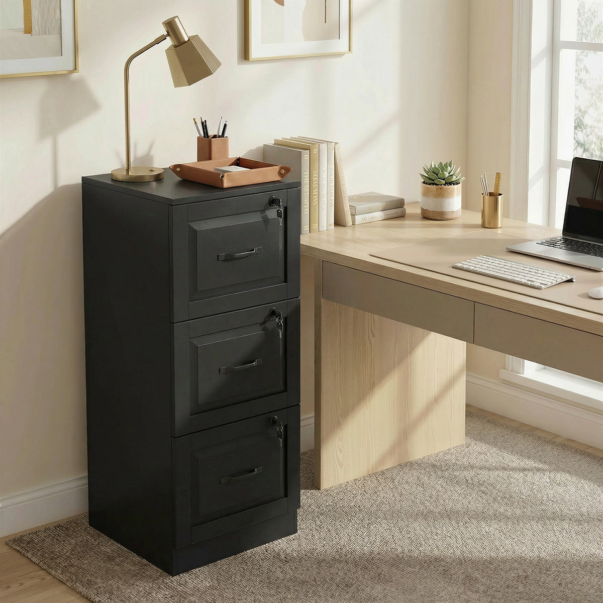 3 Drawer File Cabinet with Lock, Vertical Filing Cabinet with Adjustable Hanging Bars for A4 and Letter Size, Black