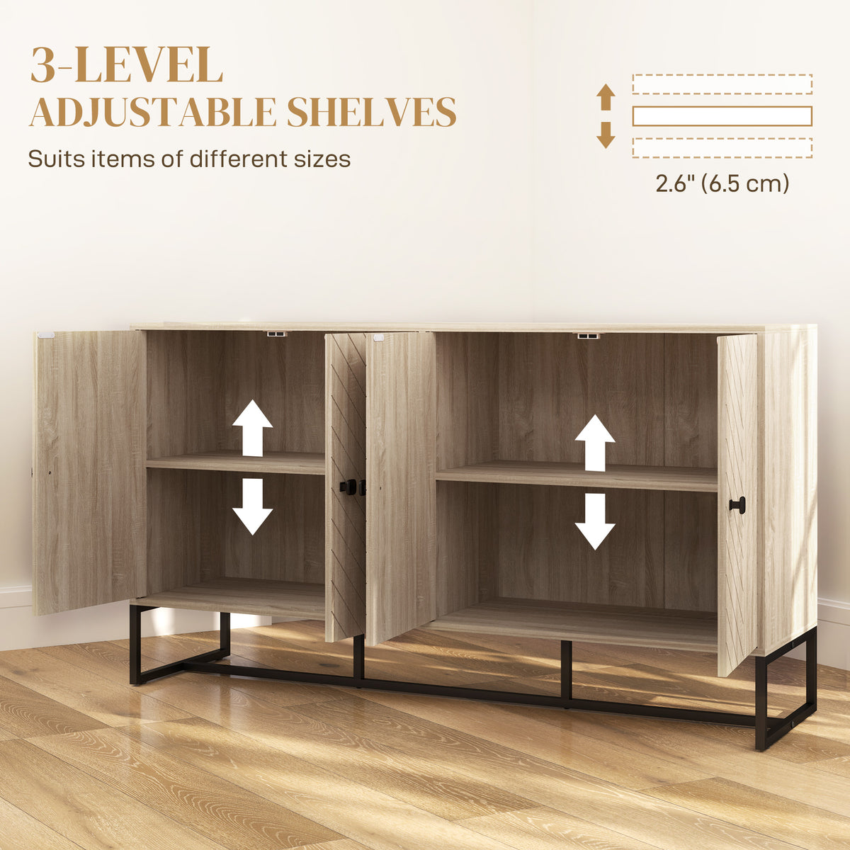 Sideboard Buffet Cabinet with 2 Adjustable Shelves and Steel Base, TV Stand, Coffee Bar Cabinet for Living Room, Oak