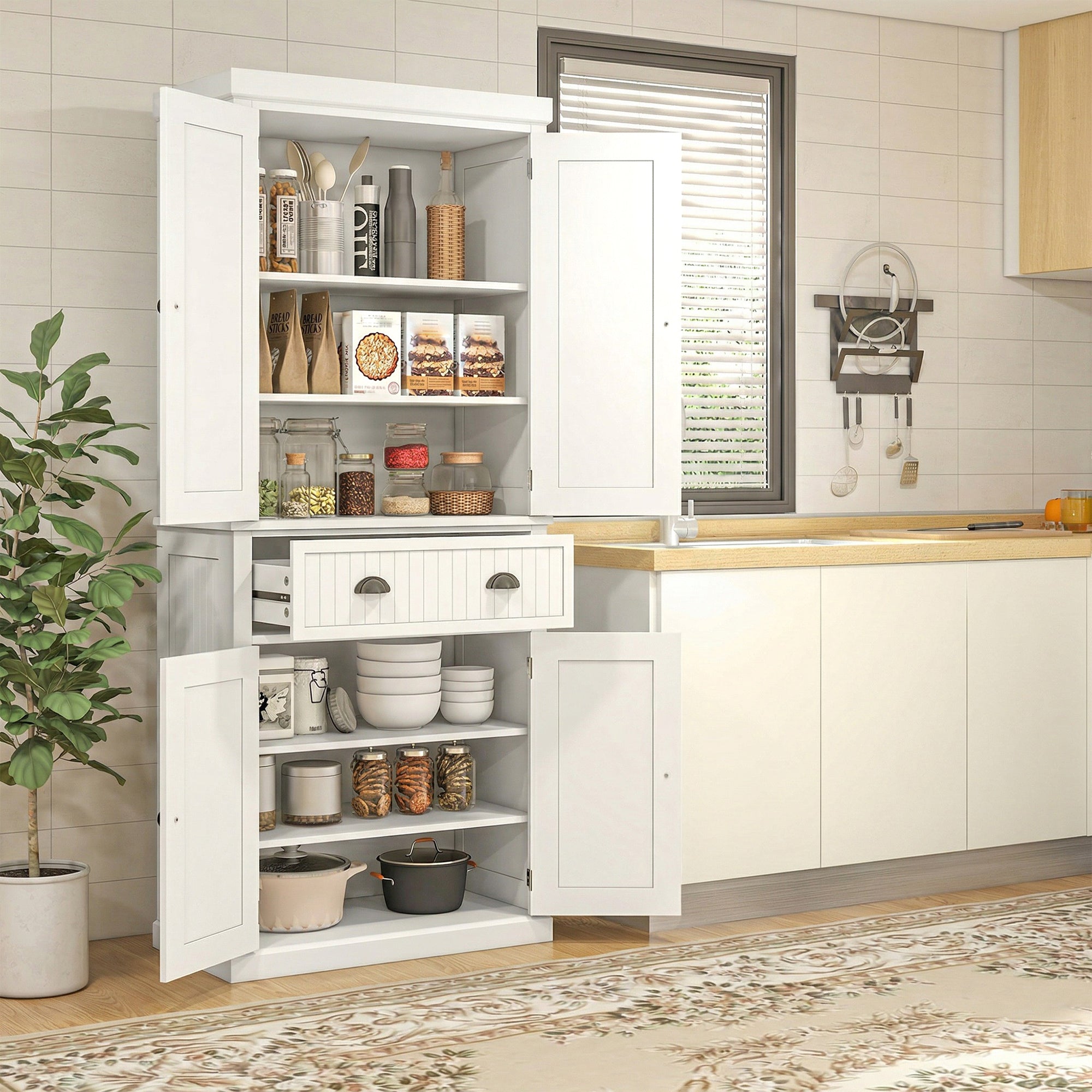 72" Kitchen Pantry, Freestanding Storage Cabinet with Drawer, Doors, Cream White