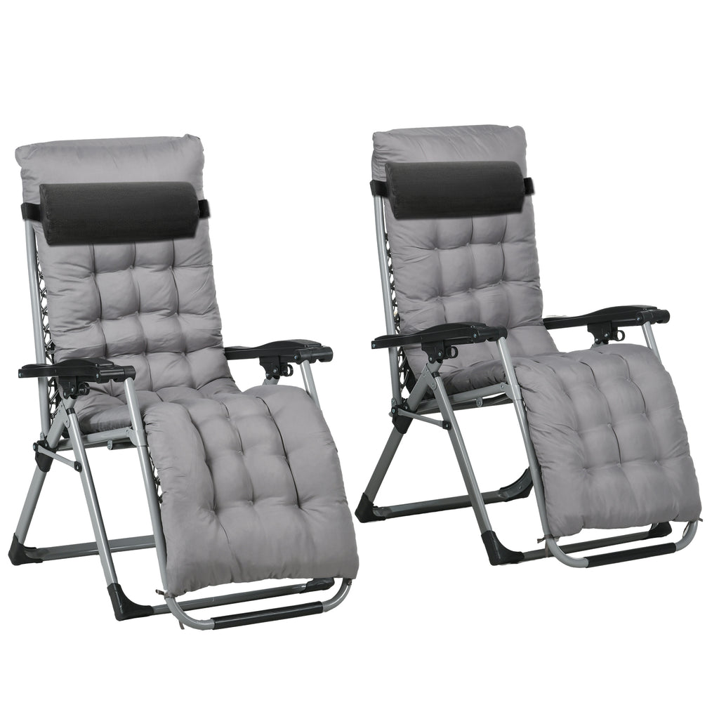 Folding Garden Chairs Set of 2, Reclining Zero Gravity Chair, Sun Lounger with Cushion and Headrest, Dark Grey