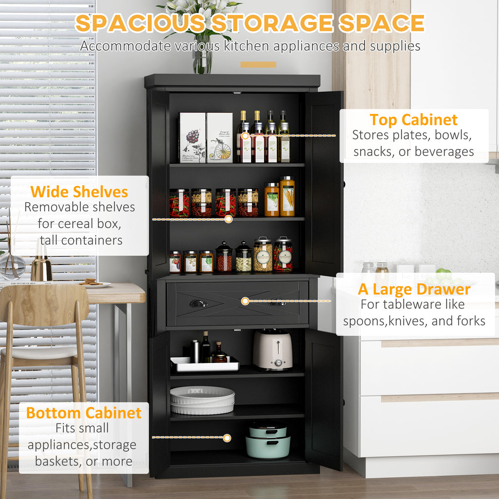 72.5" Kitchen Pantry Cabinet, Freestanding Storage Cabinet with 4 Doors, Drawer and Adjustable Shelves, Black