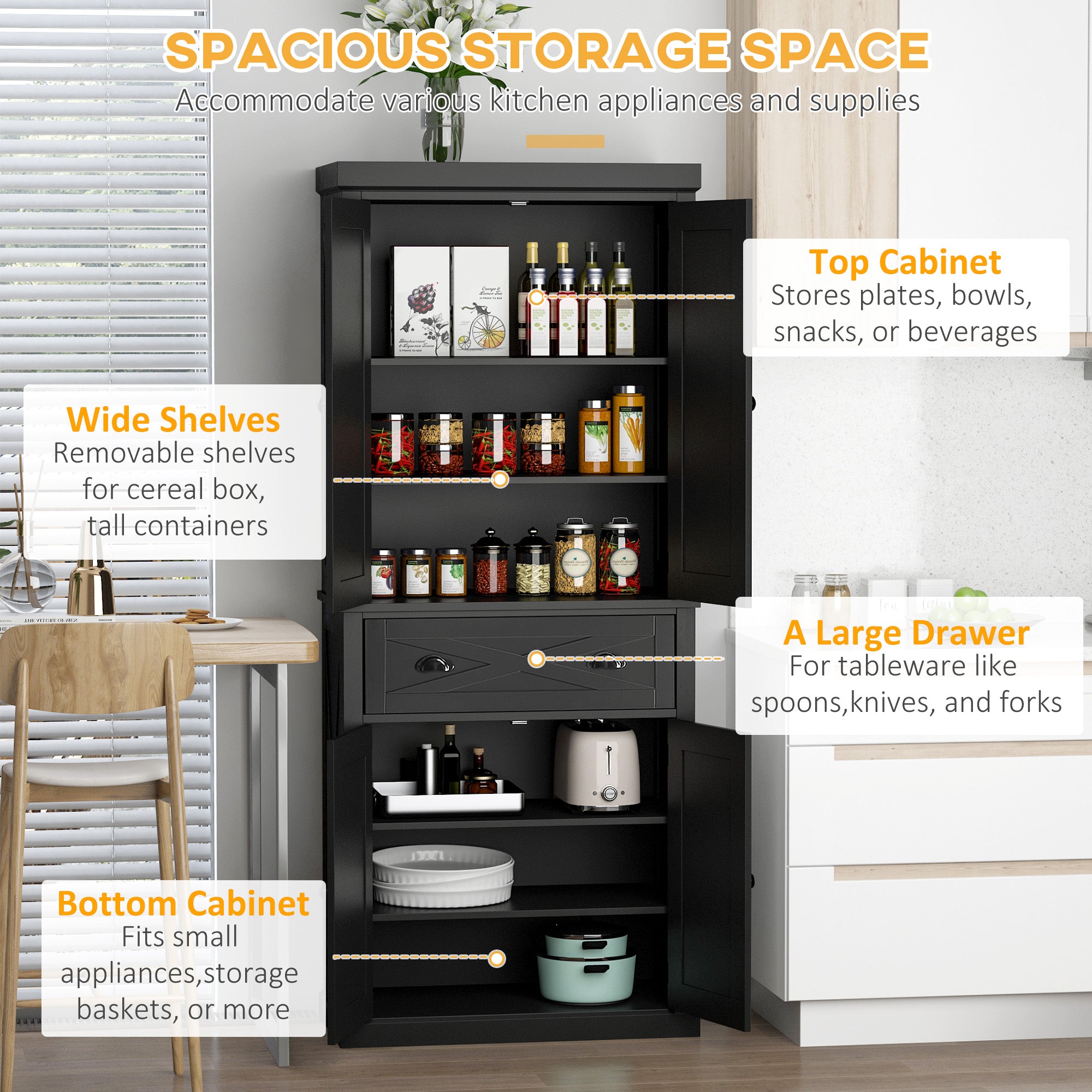 72.5" Kitchen Pantry Cabinet, Freestanding Storage Cabinet with 4 Doors, Drawer and Adjustable Shelves, Black