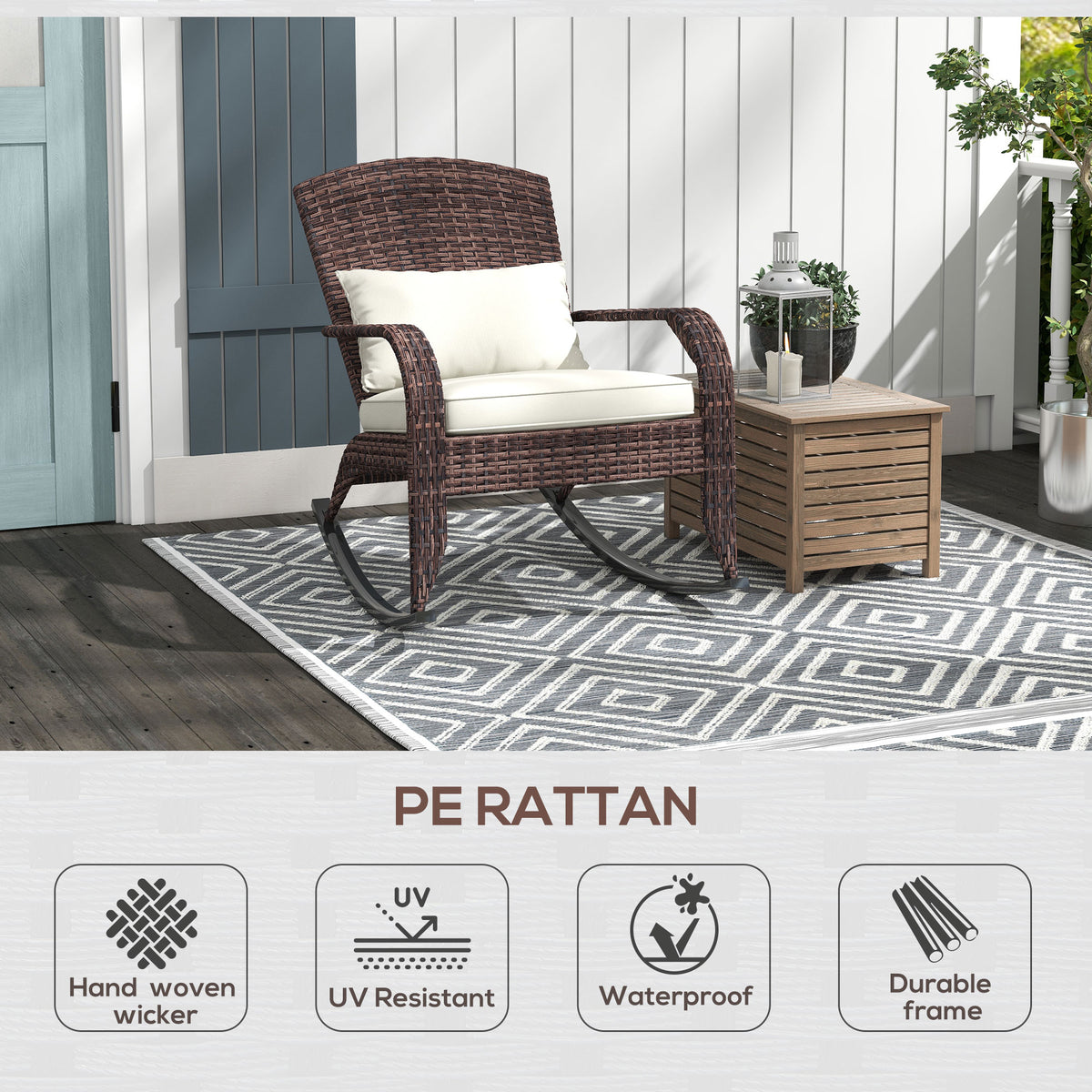 Adirondack Chair, Outdoor Wicker Rocking Chair with High Back, Seat Cushion and Pillow for Porch, Balcony, Cream White