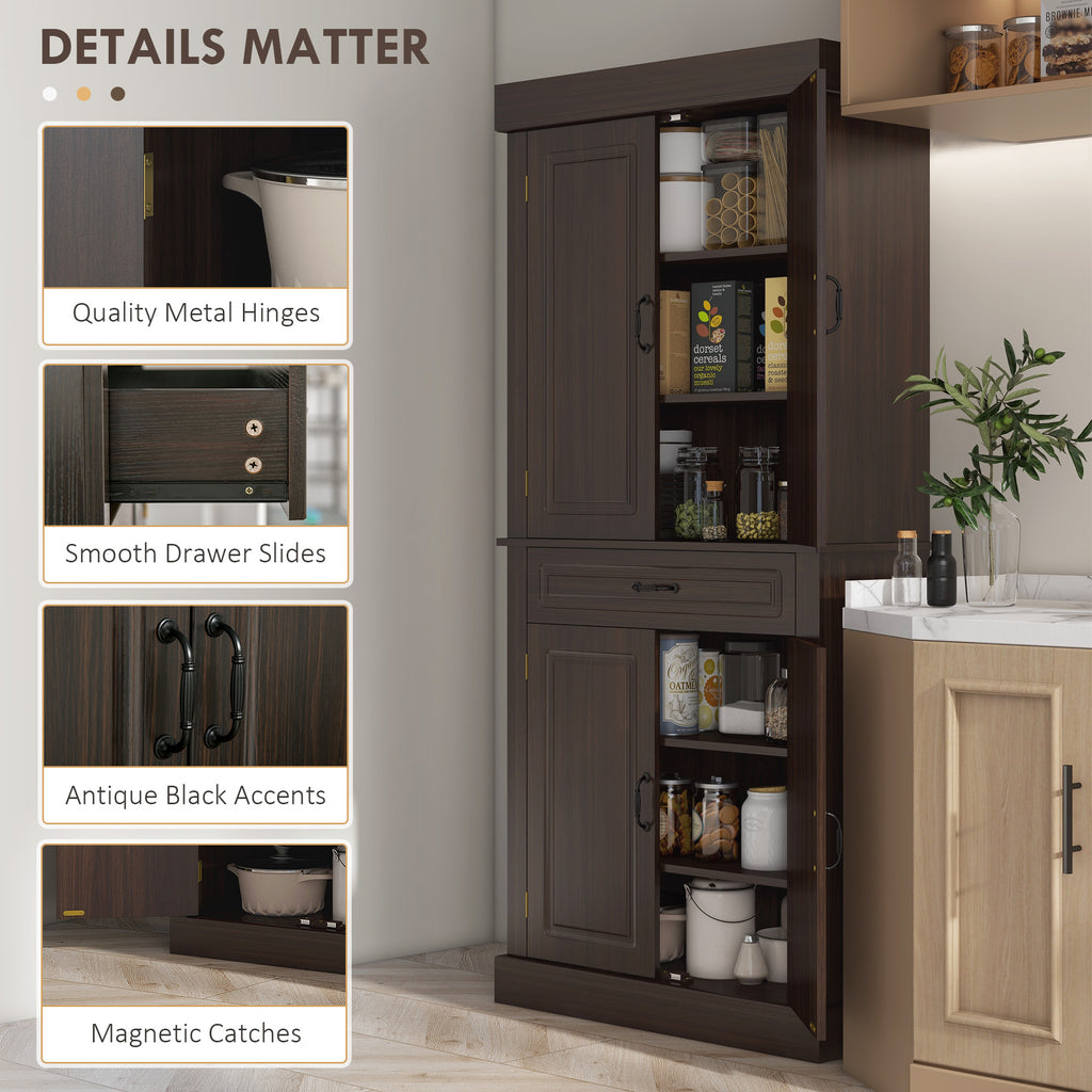 71" Freestanding Kitchen Pantry with 4 Doors and 2 Cabinets, Tall Storage Cabinet for Kitchen, Distressed Coffee