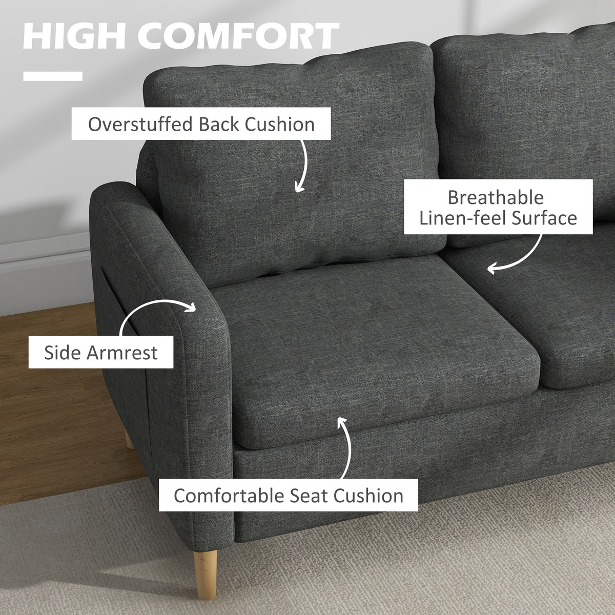 56" 2 Seat Sofa, Modern Love Seats Furniture, Upholstered 2 Seater Couch with Side Pockets, Solid Wood Frame, Grey