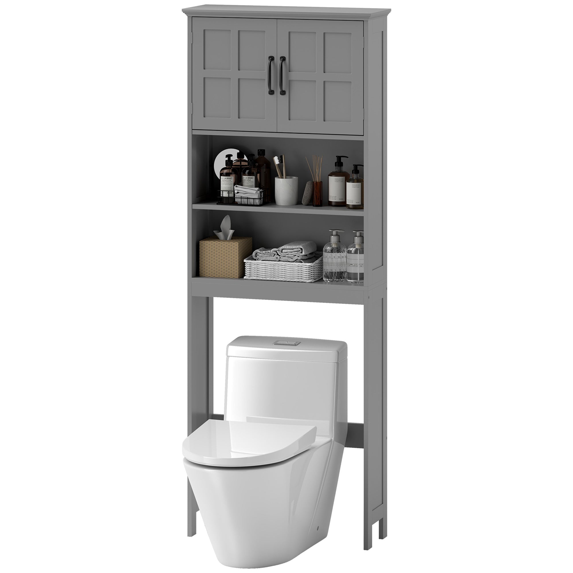 Modern Over The Toilet Storage, Bathroom Cabinets Over Toilet with Open Shelves and Double Door Cabinet, White