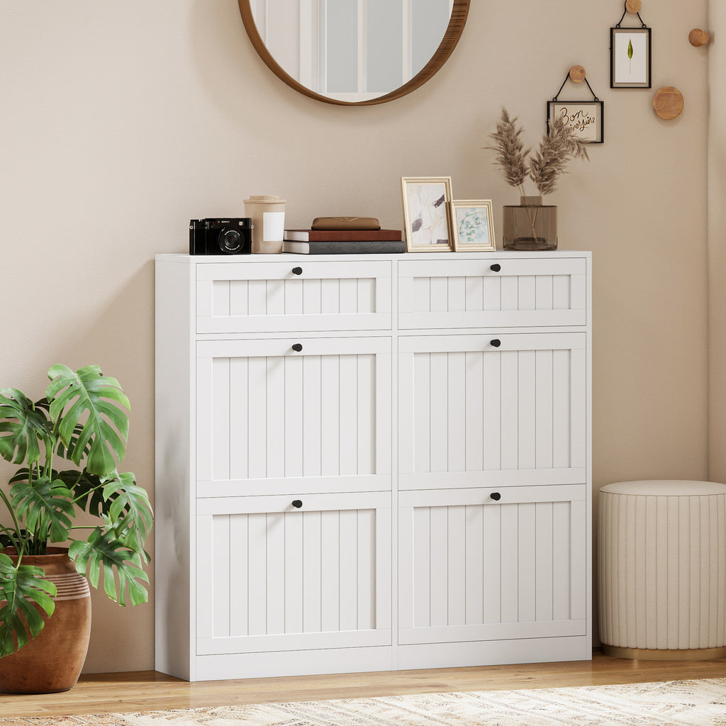 Shoe Cabinet with 2 Large Flip Drawers, Farmhouse Narrow Shoe Storage Cabinet with 2 Top Compartments, White
