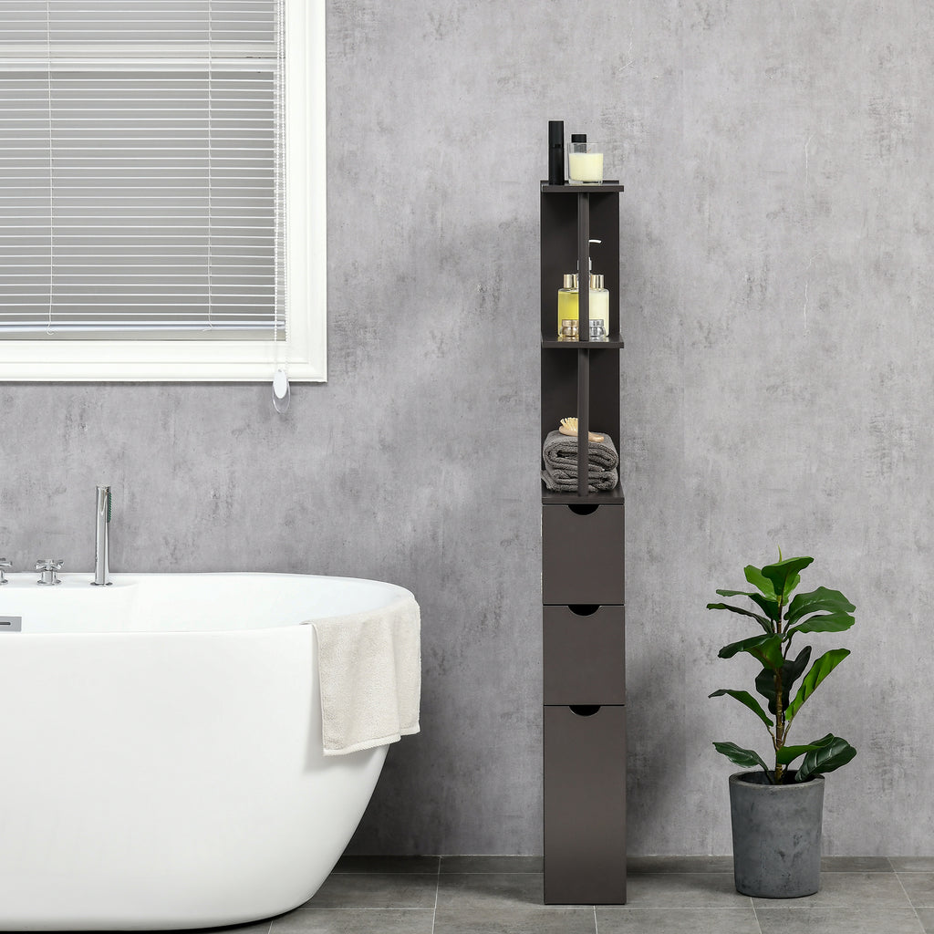 Tall Bathroom Storage Cabinet, Narrow Bathroom Cabinet with Drawers and Open Shelves for Small Spaces, Brown