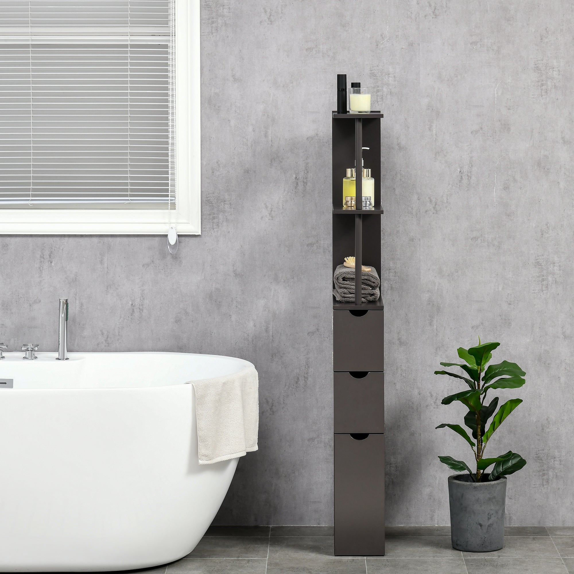 Tall Bathroom Storage Cabinet, Narrow Bathroom Cabinet with Drawers and Open Shelves for Small Spaces, Brown