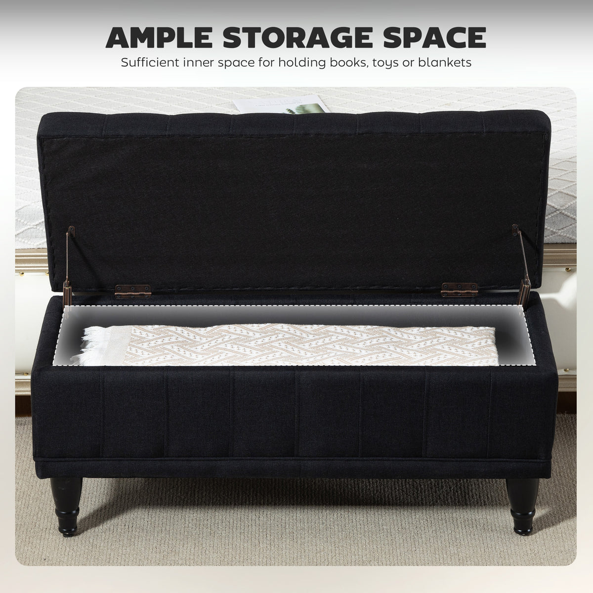 Storage Ottoman, Linen Fabric End of Bed Bench with Button Tufted Storage Bench for Bedroom, Blue