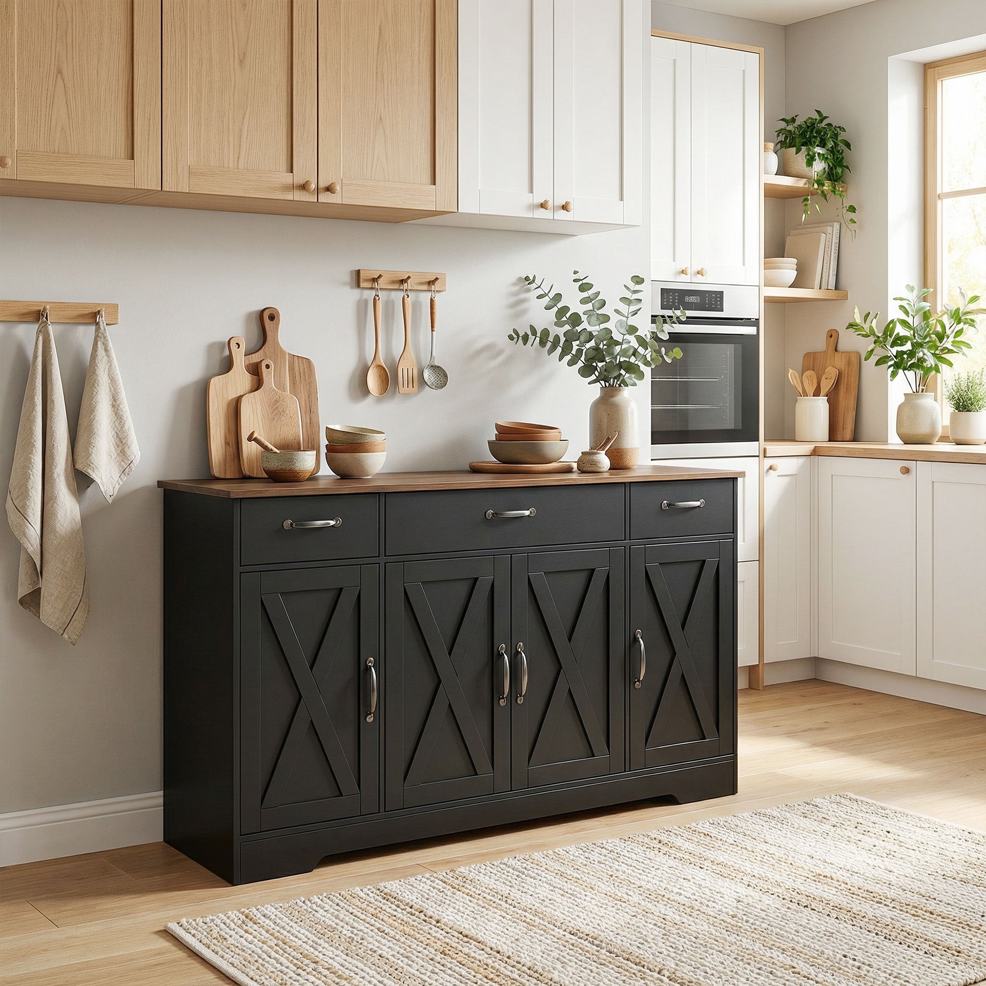 Sideboard Buffet Cabinet, 55" Farmhouse Kitchen Cabinet with 4 Barn Doors, 3 Drawers, 3 Adjustable Shelves, White